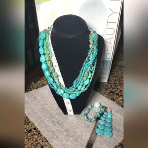 Howlite & Turquiose statement Necklace Earrings & Bracelet Set 3 NWOT
